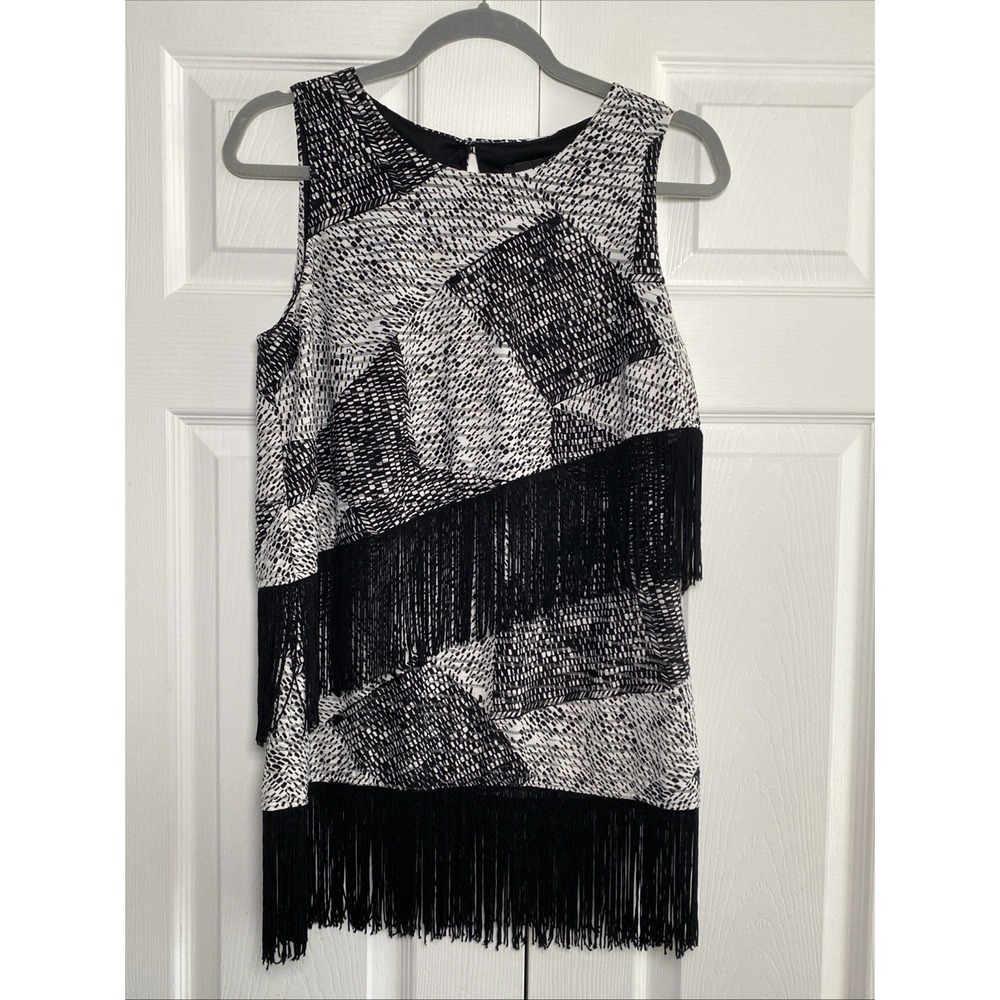 Frank‎ Lyman Fringe Tunic Top Womens Size 6 Black White Abstract Geometric 61600